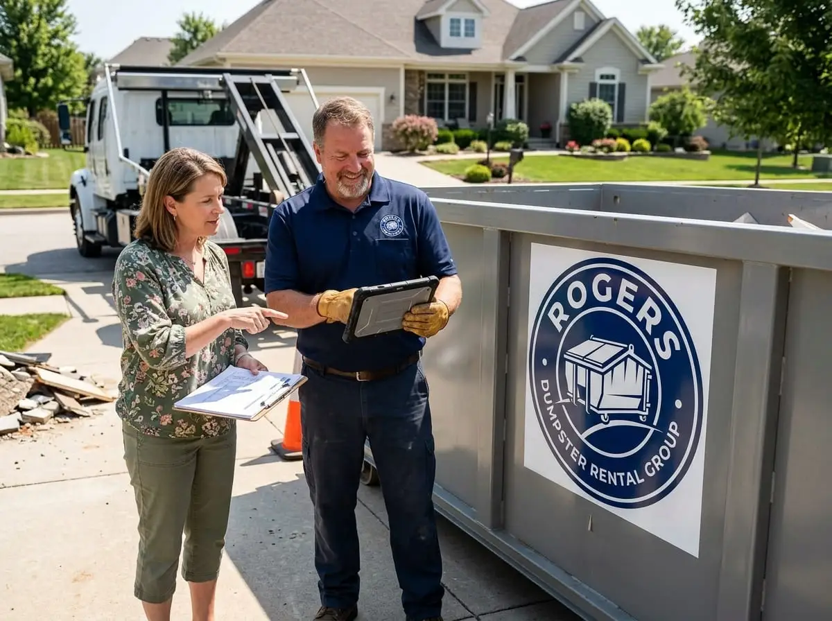 Speaking with a Rogers Dumpster Rental Group driver beside a roll-off container